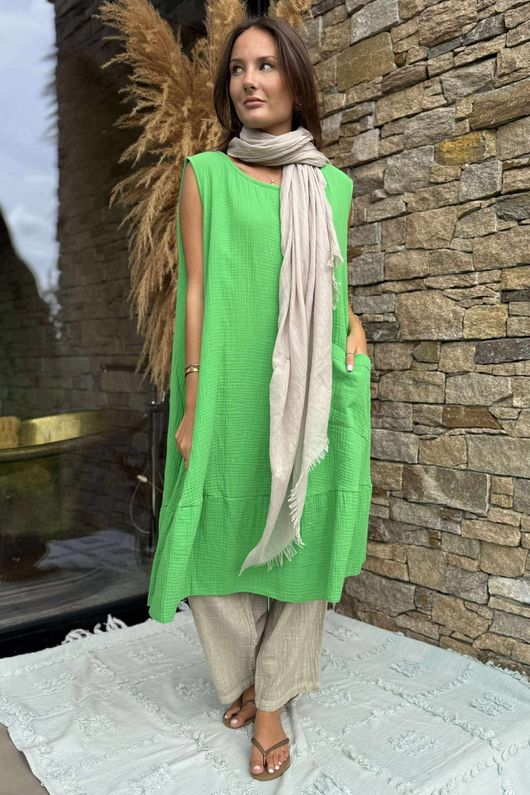 Made in Italy Pia Pillow Cotton Patch Pocket Peplum Dress Lime /13 